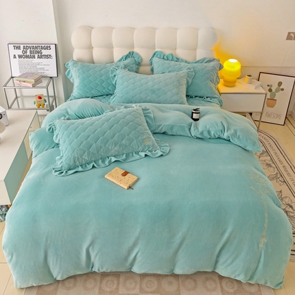 星尚家纺 2024新款加厚保暖全消光牛奶绒夹棉床裙四件套-玫瑰之恋 水绿