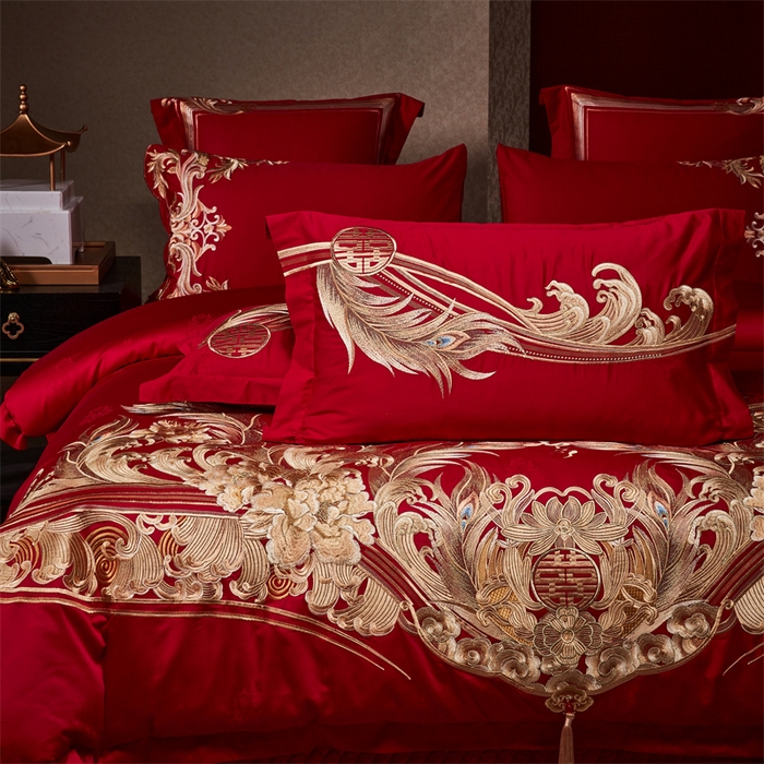 91家纺网 家纺一手货源 找家纺 宏羽纺家纺 2024新款高支高密纯棉提花婚庆套件系列（控价680）凤凰来仪-金