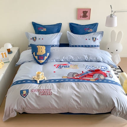 91家纺网 家纺一手货源 找家纺 紫桐 2025新款50s双股长绒棉卡通贴布绣四件套系列 卡丁车