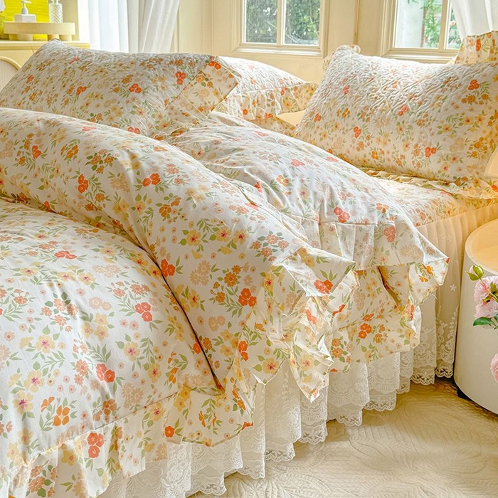 91家纺网 家纺一手货源 找家纺 2024新款全棉夹棉绗缝床裙三件套纯棉印花法式四件套套件蕾丝公主风 甜蜜蜜