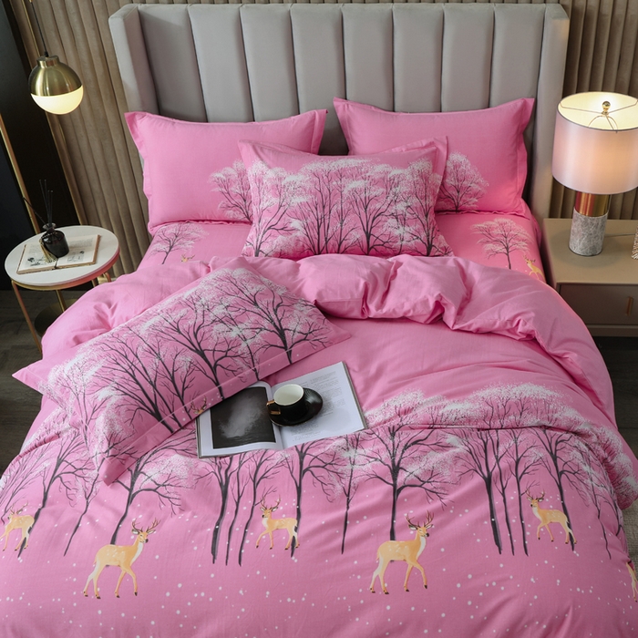 91家纺网 家纺一手货源 找家纺 威布斯家居 2024新款AA版全棉加厚磨毛四件套 鹿雪踏花-粉