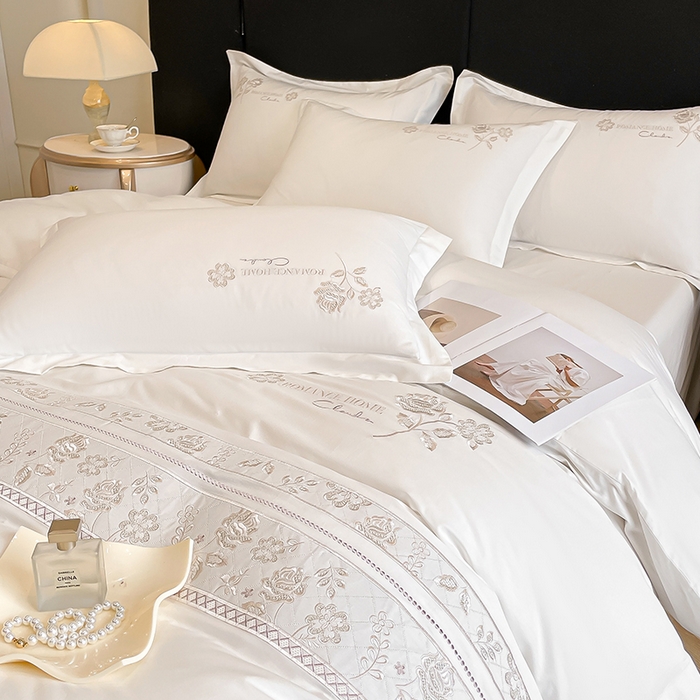 91家纺网 家纺一手货源 找家纺 理想家家纺 2024新款13372全棉刺绣四件套系列-花恋 白