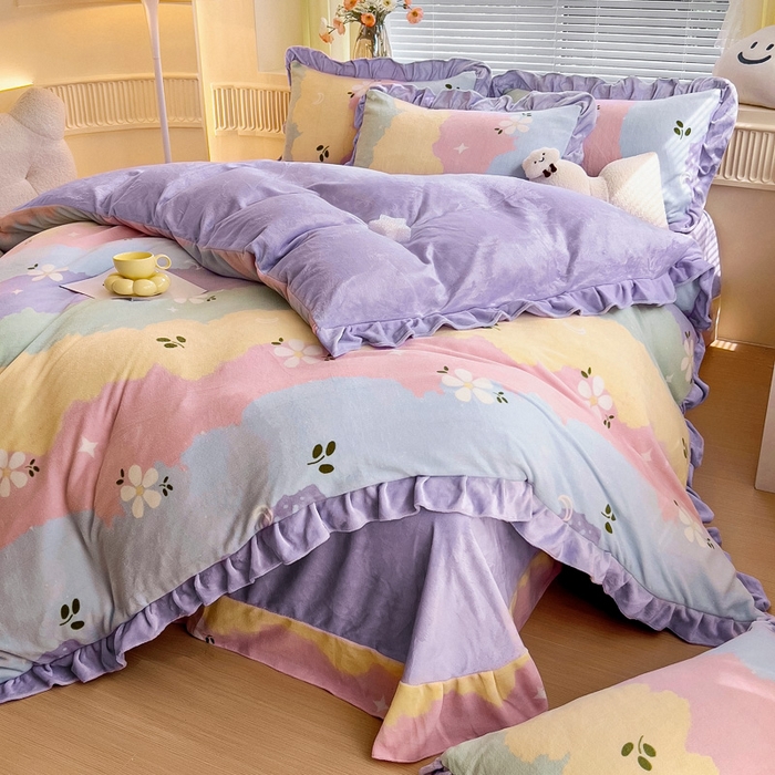 91家纺网 家纺一手货源 找家纺 找底底家纺 2024新款牛奶绒印花四件套 彩虹