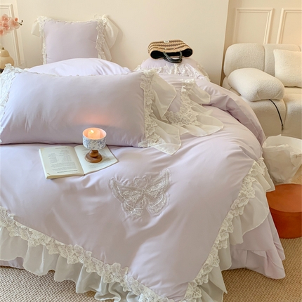 91家纺网 家纺一手货源 找家纺 吾欢心 2025新款糯小棉立体蝴蝶花边四件套-蝶恋花系列 蝶恋花紫