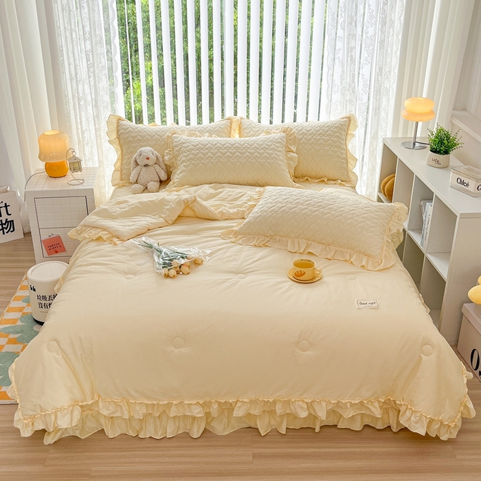 91家纺网 家纺一手货源 找家纺 暖居 2024新款250X270韩系纯色纯棉床盖三件套四件套+双面纯棉同款春秋被 米黄花束款