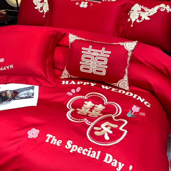 91家纺网 家纺一手货源 找家纺 用心 2024新款亲肤加厚磨毛新中式婚庆四件套多件套 囍乐