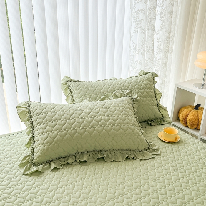 91家纺网 家纺一手货源 找家纺 暖居 2024新款250X270韩系纯色纯棉床盖三件套四件套+双面纯棉同款春秋被 芥末绿花束款