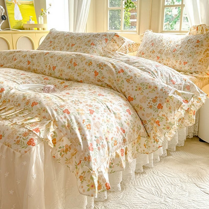 91家纺网 家纺一手货源 找家纺 2024新款全棉夹棉绗缝床裙三件套纯棉印花法式四件套套件蕾丝公主风 甜蜜蜜