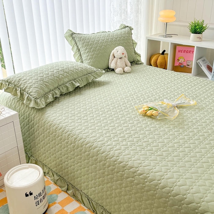 91家纺网 家纺一手货源 找家纺 暖居 2024新款250X270韩系纯色纯棉床盖三件套四件套+双面纯棉同款春秋被 芥末绿花束款