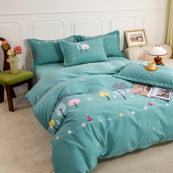 91家纺网 家纺一手货源 找家纺 威布斯家居 2024新款AA版全棉加厚磨毛四件套 欢乐树-绿