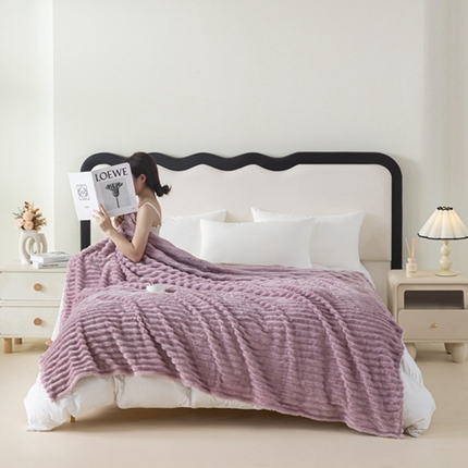 锦禾穗 2024新款兔毛绒多功能毛毯高克重抽条纯色加宽加厚双面绒 兔毛紫色