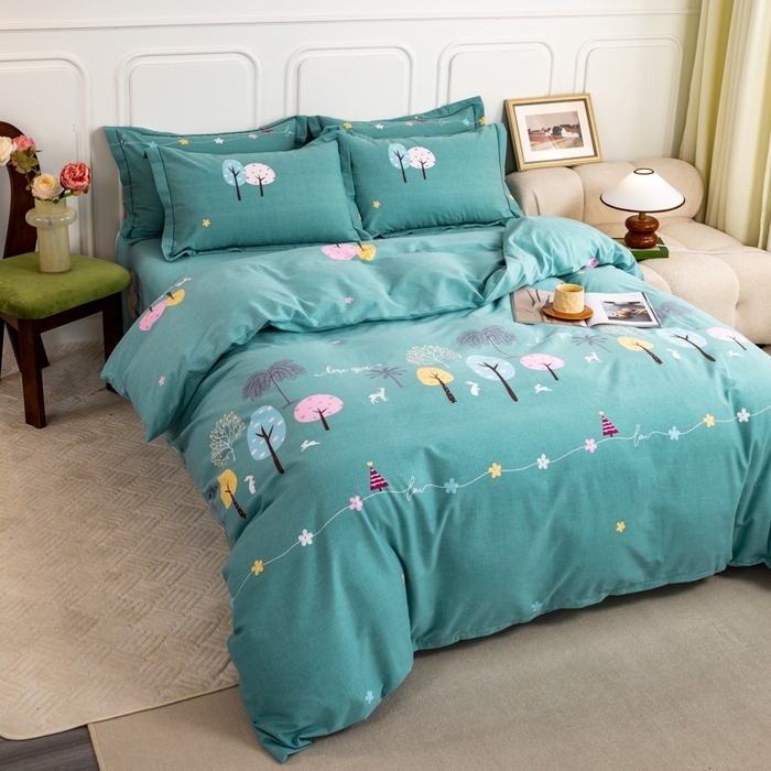 91家纺网 家纺一手货源 找家纺 威布斯家居 2024新款AA版全棉加厚磨毛四件套 欢乐树-绿