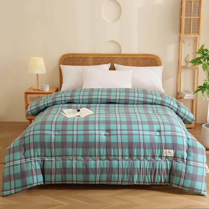 91家纺网 家纺一手货源 找家纺 优布加 2024新款色织水洗棉格斜抗菌良品系列大豆被冬被 良品-军绿