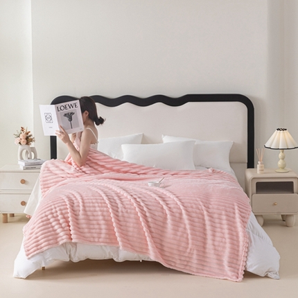 锦禾穗 2024新款兔毛绒多功能毛毯高克重抽条纯色加宽加厚双面绒 兔毛粉色