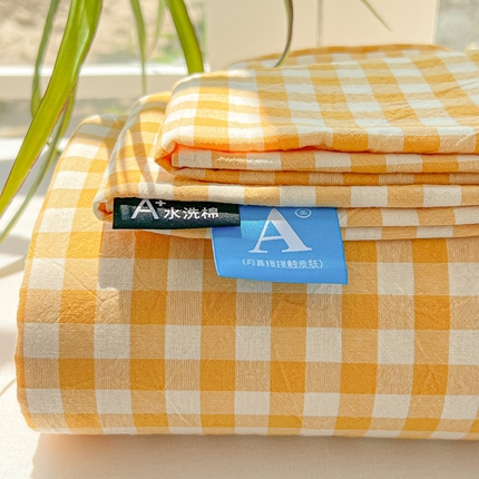 韩巢家纺 2024新款简约格子纯色A类水洗棉床单枕套三件套 A类黄色格-床单