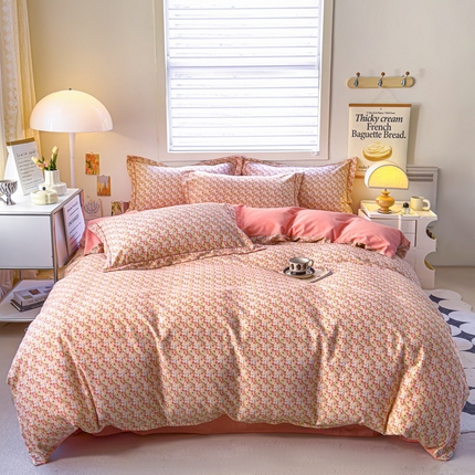 眷恋家纺 2025秋冬新款全棉纯棉喷气加厚磨毛纯棉四件套 小美好-粉