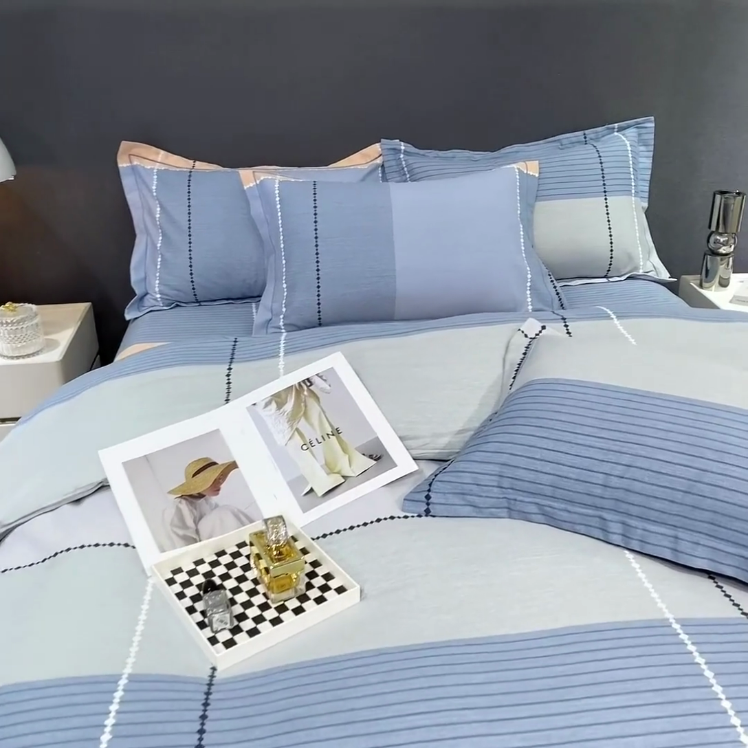 91家纺网 家纺一手货源 找家纺 威布斯家居 2024新款AA版全棉加厚磨毛四件套 米格鲁-蓝