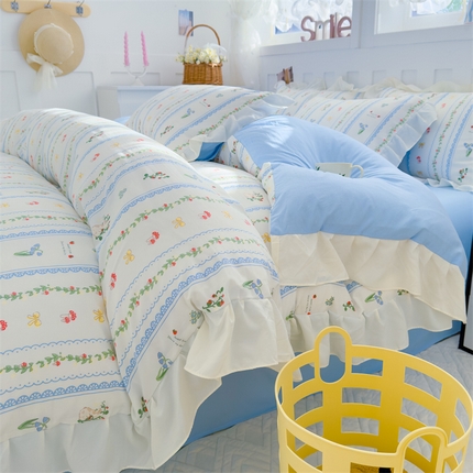 91家纺网 家纺一手货源 找家纺 灰鲸 2025新款ins水洗双层纱公主风四件套 花园兔兔