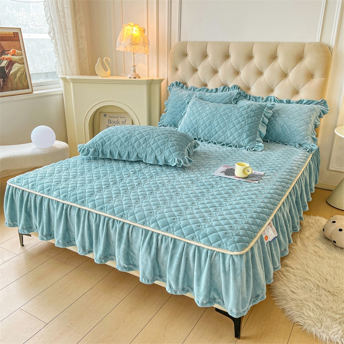 91家纺网 家纺一手货源 找家纺 2024新款热款A类牛奶绒夹棉床笠 浅灰蓝-