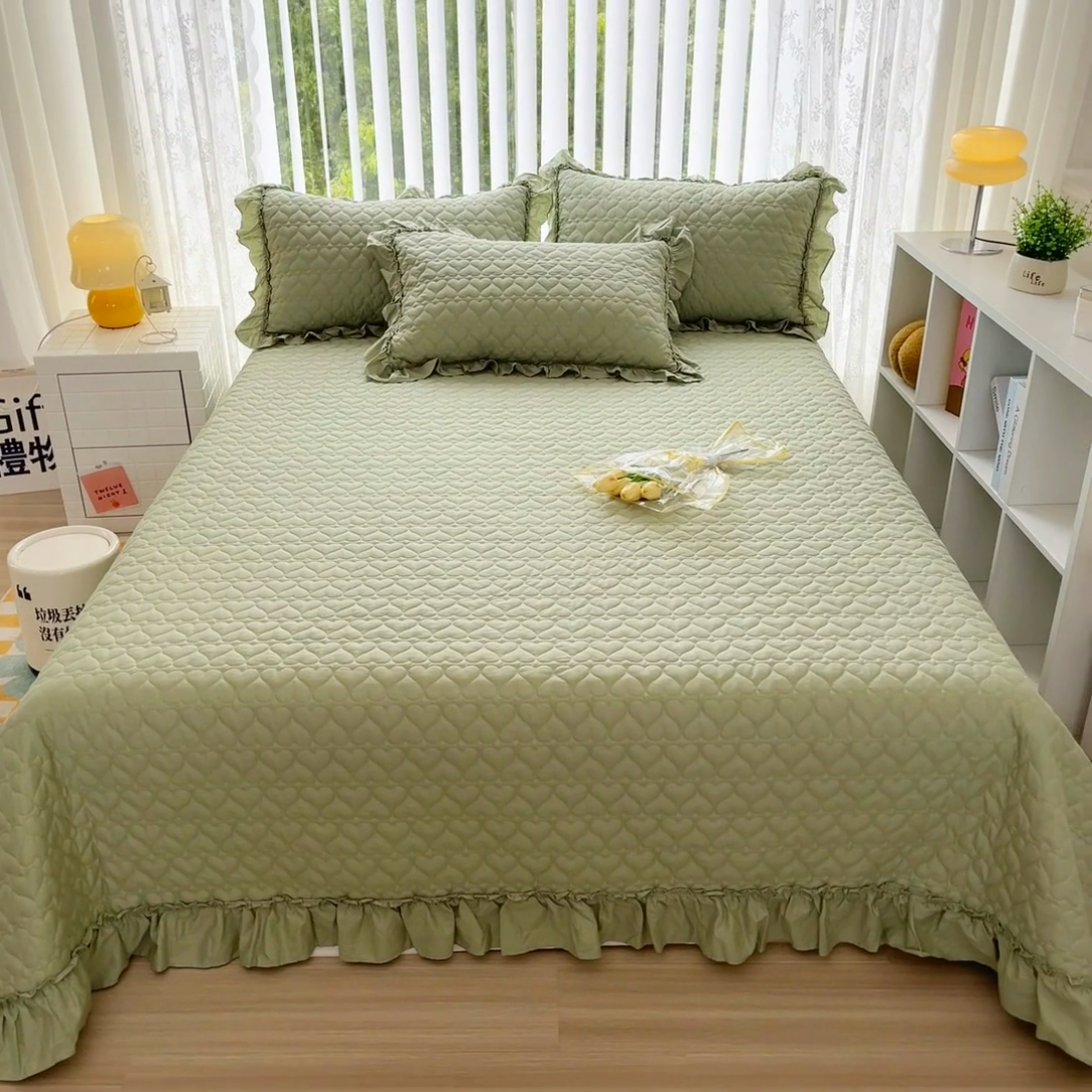 91家纺网 家纺一手货源 找家纺 暖居 2024新款250X270韩系纯色纯棉床盖三件套四件套+双面纯棉同款春秋被 芥末绿花束款