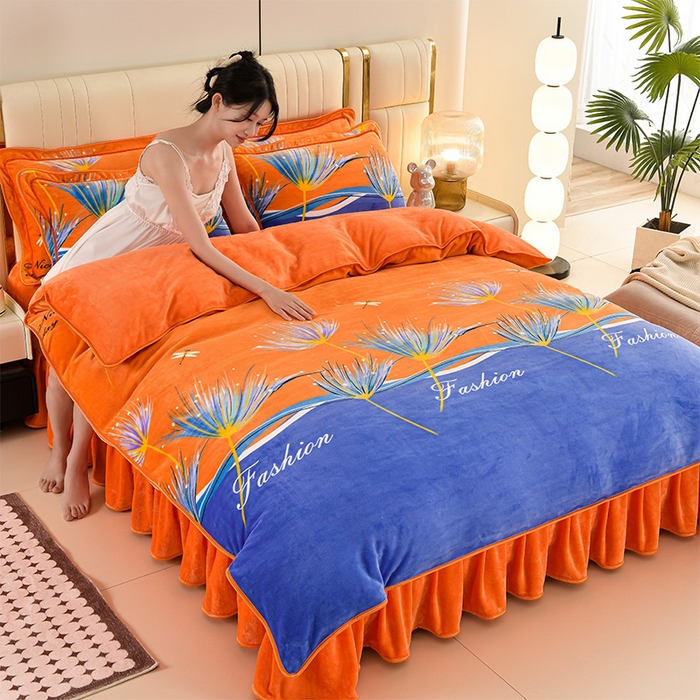 91家纺网 家纺一手货源 找家纺 绒耀 2025新款高克重牛奶绒四件套保暖四件套直播爆款电商爆款 曼珠沙华桔