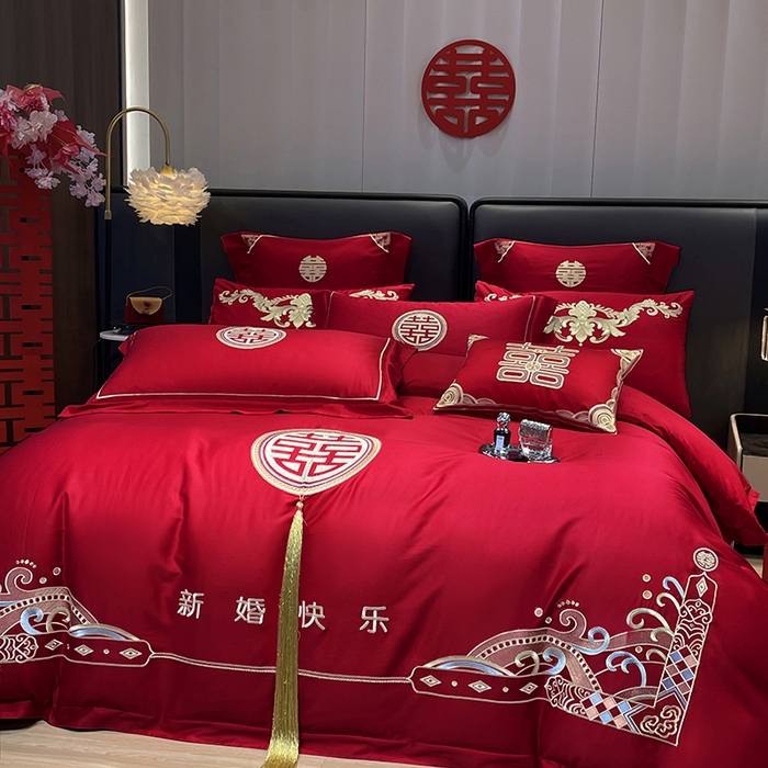 91家纺网 家纺一手货源 找家纺 用心 2024新款亲肤加厚磨毛新中式婚庆四件套多件套 相爱