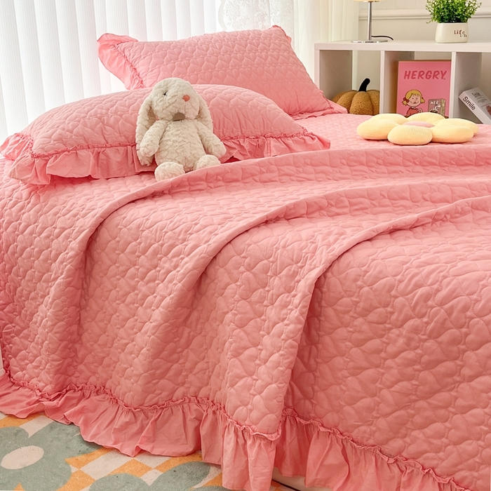 91家纺网 家纺一手货源 找家纺 暖居 2024新款250X270韩系纯色纯棉床盖三件套四件套+双面纯棉同款春秋被 玫红花束款