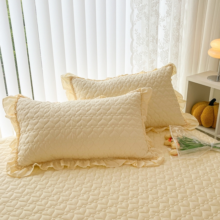 91家纺网 家纺一手货源 找家纺 暖居 2024新款250X270韩系纯色纯棉床盖三件套四件套+双面纯棉同款春秋被 米黄花束款