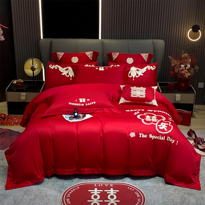 91家纺网 家纺一手货源 找家纺 用心 2024新款亲肤加厚磨毛新中式婚庆四件套多件套 囍乐