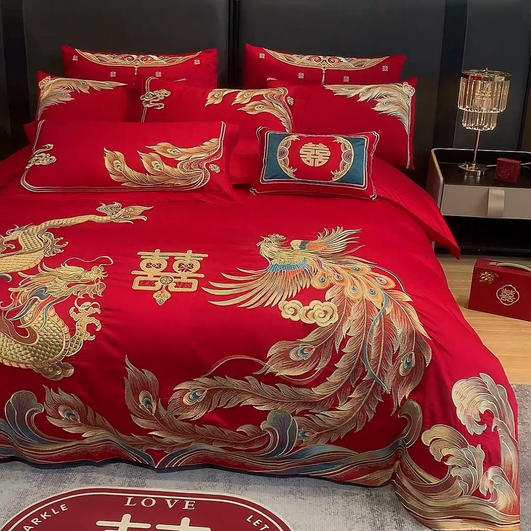 91家纺网 家纺一手货源 找家纺 用心 2024新款亲肤加厚磨毛新中式婚庆四件套多件套 恋喜