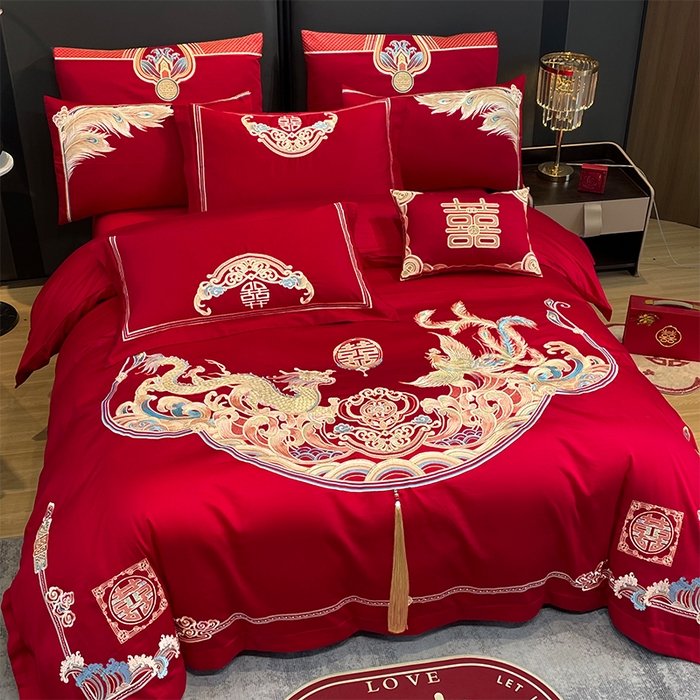 91家纺网 家纺一手货源 找家纺 用心 2024年新款双面磨毛绣花婚庆四件套 龙凤良缘