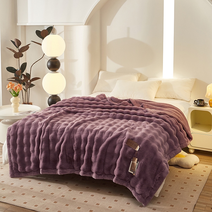 91家纺网 家纺一手货源 找家纺 尚品凤凰 2025新款亲肤舒适加厚保暖貂绒兔毛泡泡毛毯 泡泡-紫