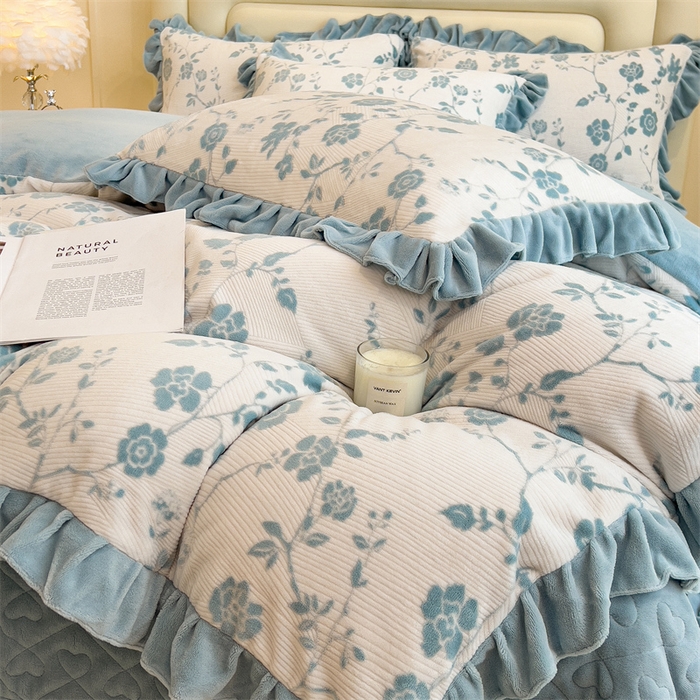 91家纺网 家纺一手货源 找家纺 2024新品A类牛奶绒韩版雕花四件套 蔷薇-蓝