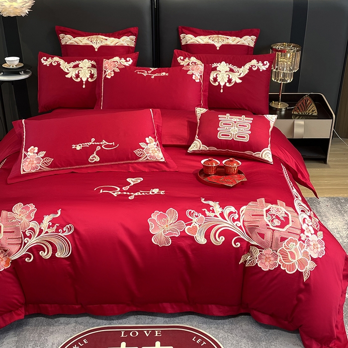 91家纺网 家纺一手货源 找家纺 用心 2024新款亲肤加厚磨毛新中式婚庆四件套多件套 花语