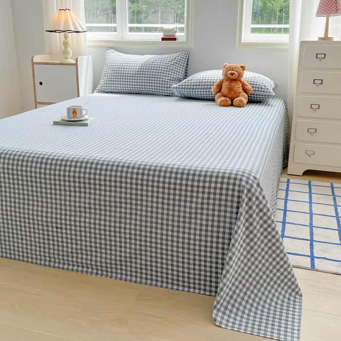 91家纺网 家纺一手货源 找家纺 韩巢家纺 2024新款简约格子纯色A类水洗棉床单枕套三件套 A类兰色格-床单