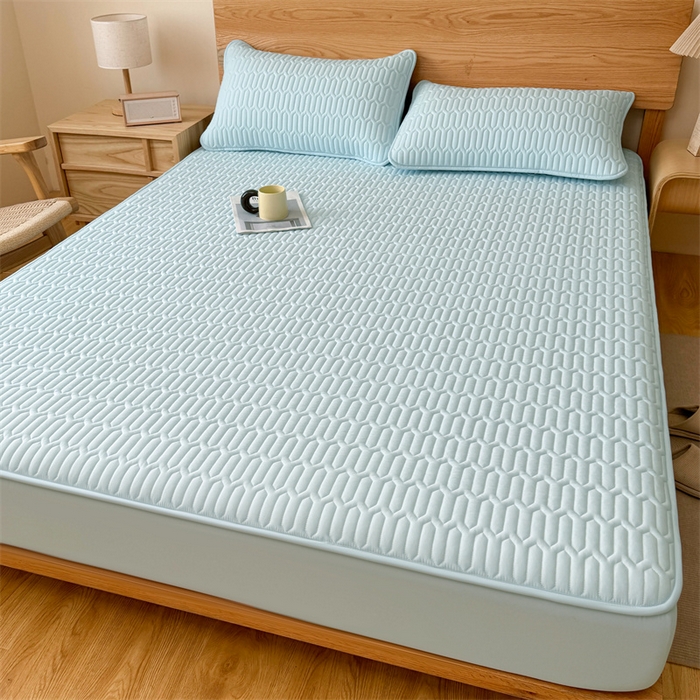 91家纺网 家纺一手货源 找家纺 雯豆家纺 2025新品【漏水包赔】防水隔尿加厚夹棉床笠三件套床垫保护套纯色床罩 格调防水款-冰川蓝