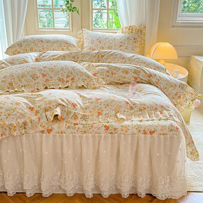 91家纺网 家纺一手货源 找家纺 2024新款全棉夹棉绗缝床裙三件套纯棉印花法式四件套套件蕾丝公主风 甜蜜蜜