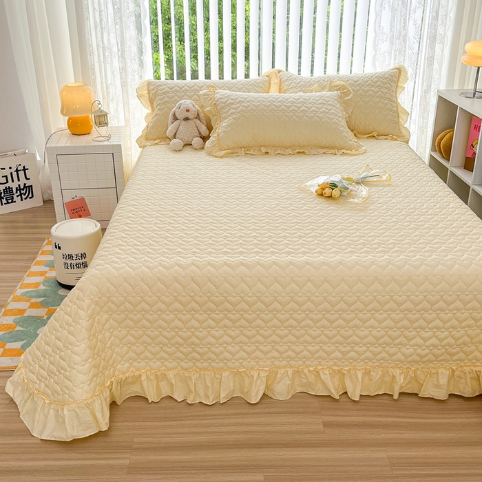 91家纺网 家纺一手货源 找家纺 暖居 2024新款250X270韩系纯色纯棉床盖三件套四件套+双面纯棉同款春秋被 米黄花束款