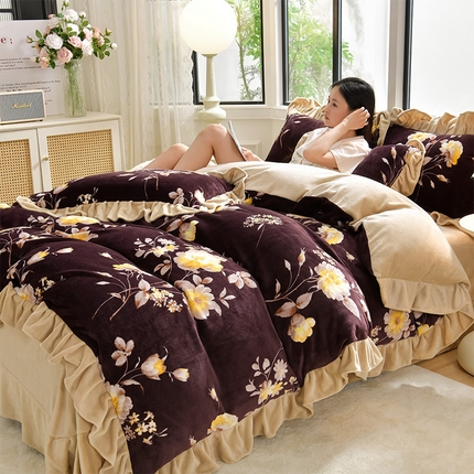 91家纺网 家纺一手货源 找家纺 妮恒美 2024新款韩版印花牛奶绒四件套 花韵