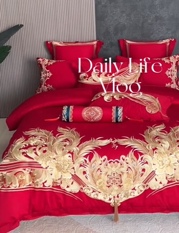 91家纺网 家纺一手货源 找家纺 宏羽纺家纺 2024新款高支高密纯棉提花婚庆套件系列（控价680）凤凰来仪-金