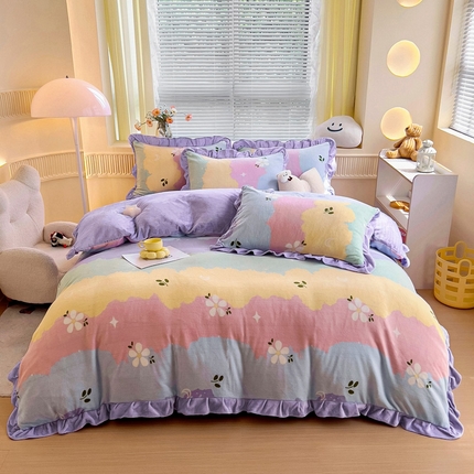 91家纺网 家纺一手货源 找家纺 找底底家纺 2024新款牛奶绒印花四件套 彩虹