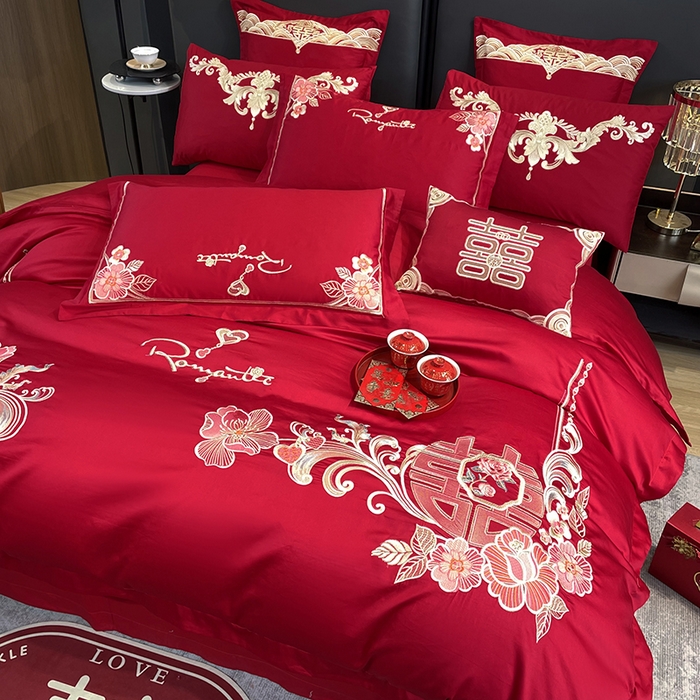 91家纺网 家纺一手货源 找家纺 用心 2024新款亲肤加厚磨毛新中式婚庆四件套多件套 花语