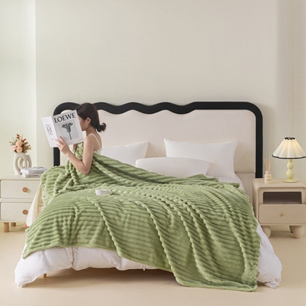 锦禾穗 2024新款兔毛绒多功能毛毯高克重抽条纯色加宽加厚双面绒 兔毛绿