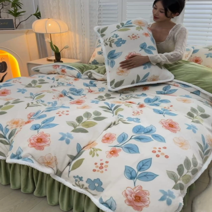 91家纺网 家纺一手货源 找家纺 绒耀 2025新款高克重牛奶绒四件套保暖四件套直播爆款电商爆款  花田故事