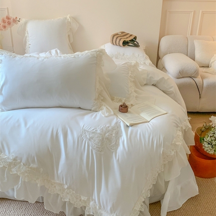91家纺网 家纺一手货源 找家纺 吾欢心 2025新款糯小棉立体蝴蝶花边四件套-蝶恋花系列 蝶恋花白