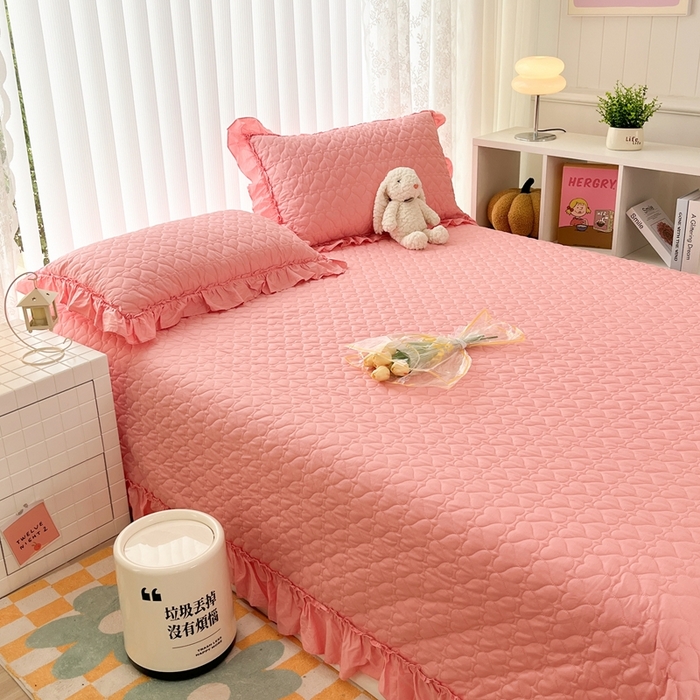 91家纺网 家纺一手货源 找家纺 暖居 2024新款250X270韩系纯色纯棉床盖三件套四件套+双面纯棉同款春秋被 玫红花束款