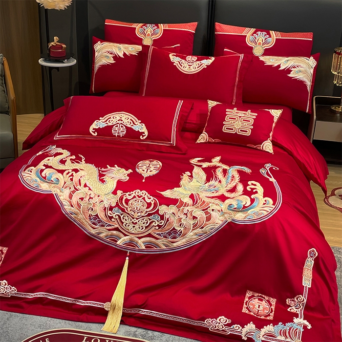 91家纺网 家纺一手货源 找家纺 用心 2024年新款双面磨毛绣花婚庆四件套 龙凤良缘