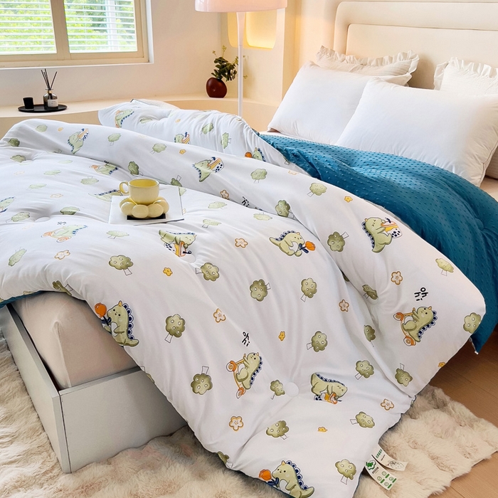 91家纺网 家纺一手货源 找家纺 暖阁 2025新款A类水洗棉豆豆被冬被春秋被被子被芯 开心恐龙