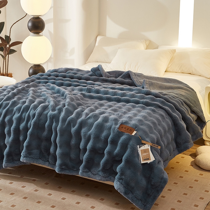 91家纺网 家纺一手货源 找家纺 尚品凤凰 2025新款亲肤舒适加厚保暖貂绒兔毛泡泡毛毯 泡泡-蓝