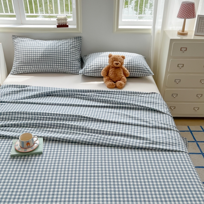 91家纺网 家纺一手货源 找家纺 韩巢家纺 2024新款简约格子纯色A类水洗棉床单枕套三件套 A类兰色格-床单